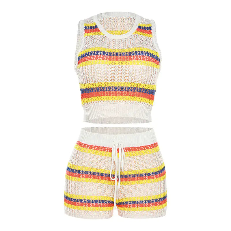 Ari Crochet Knit Striped Sleeveless Short Set